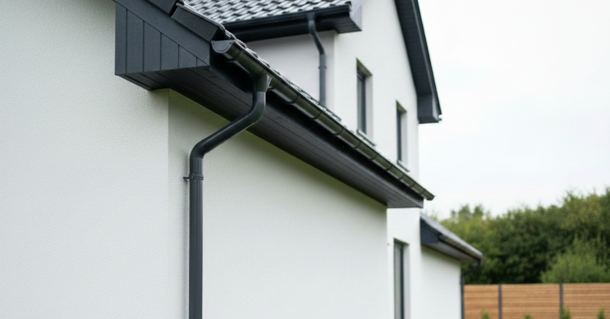 Fallrohr an Hauswand befestigt