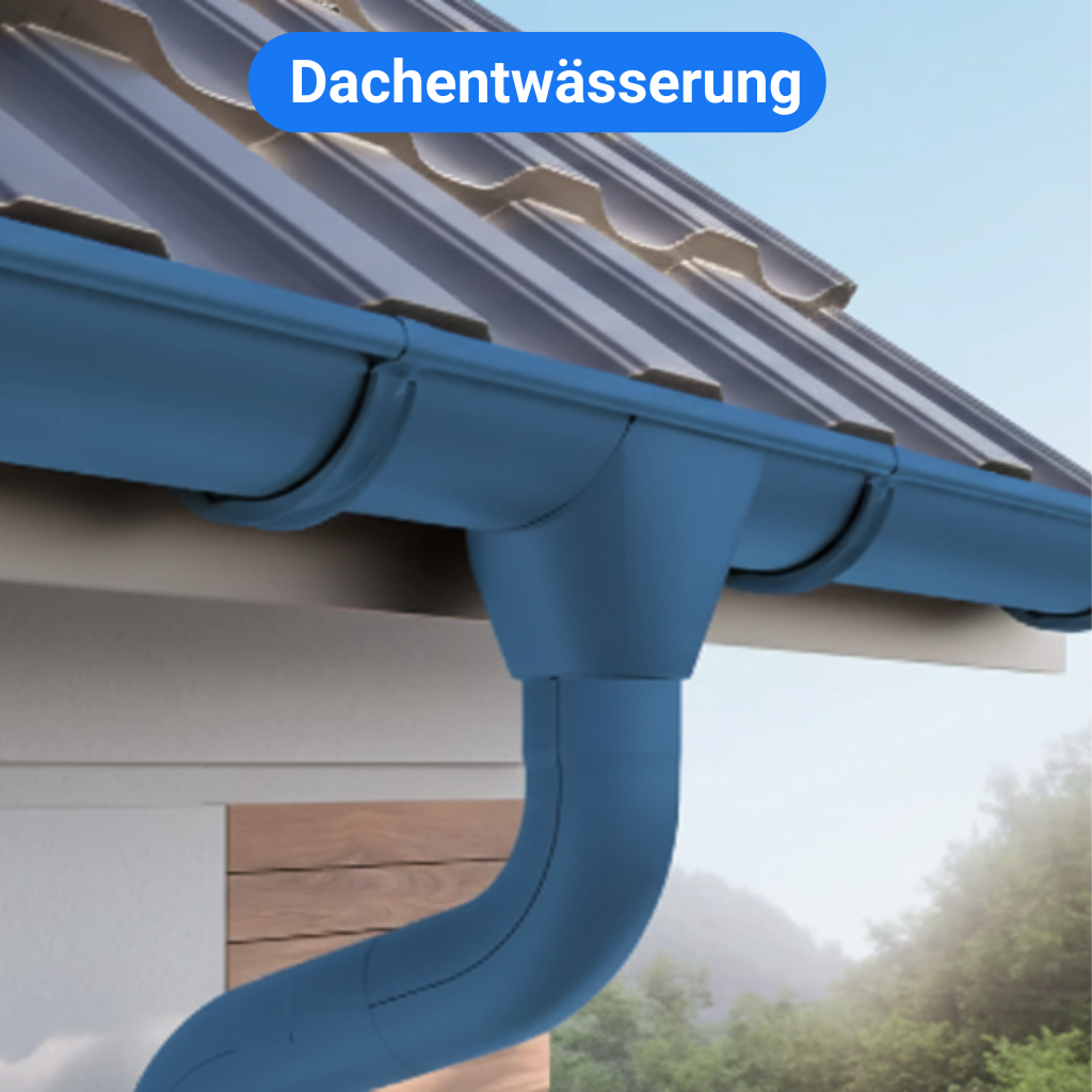 Blaue Dachentwässerung montier am Dach